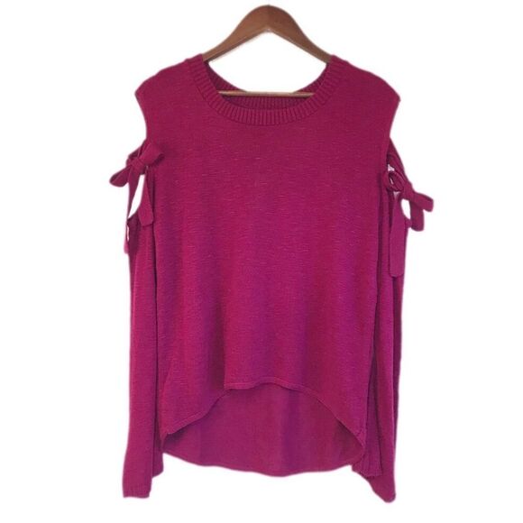 EXPRESS Burgundy Tie Sleeve Sweater Top Cold Shoulder Pink Purple Size Small New - Picture 1 of 15